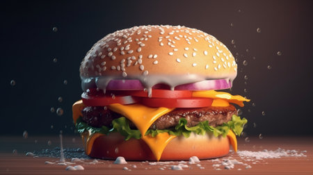 Hamburger with flying ingredients on a dark background. 3d renderingの素材