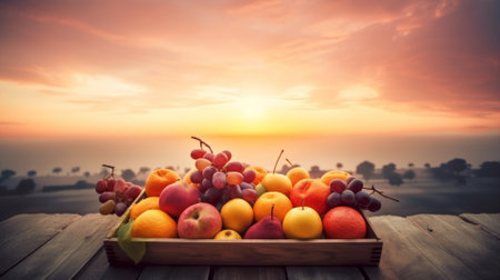Fruits in a wooden box on a wooden table against the backdrop of a beautiful sunset.の素材