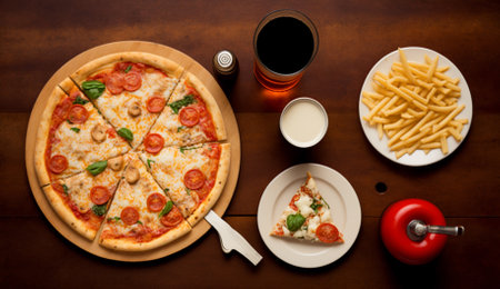 Top view of pizza, french fries and a glass of red wine.の素材