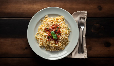 Spaghetti bolognese with tomato sauce and basil on wooden tableの素材