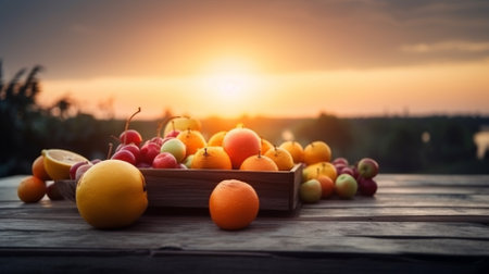Fruits on a wooden table against the background of the setting sunの素材