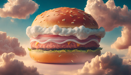 Big hamburger with white clouds on blue sky background. 3d illustrationの素材