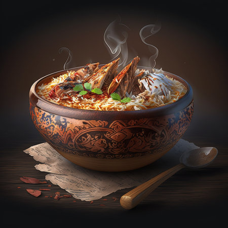 Bowl of spicy rice soup with spices and herbs on a wooden backgroundの素材