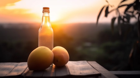 Apricot juice in a bottle on wooden table and sunset backgroundの素材