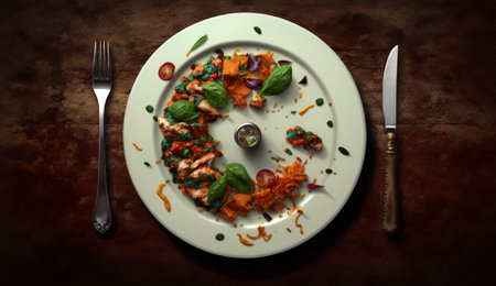 Salad with salmon and vegetables on a white plate with a fork and knifeの素材