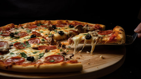 Pizza with mozzarella cheese and olives on a black backgroundの素材