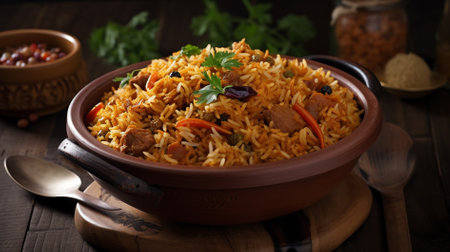 Pilaf with meat and vegetables in a bowl on wooden backgroundの素材