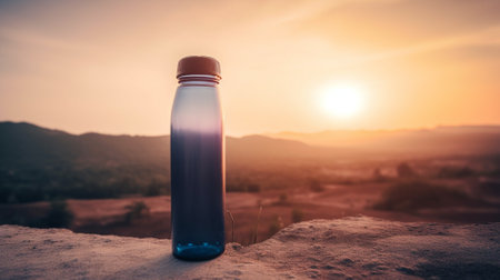 Bottle of water on the mountain at sunset. Natural background.の素材