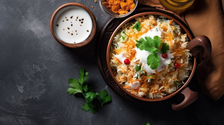 Delicious steamed rice with cabbage, tomatoes and sour cream in a pot on a dark background. Selective focus.の素材