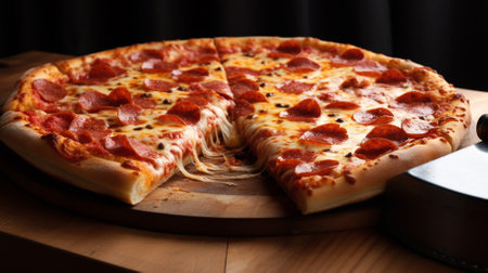 Pepperoni pizza on a wooden board, close up.の素材