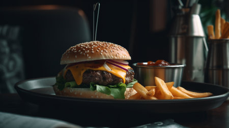 Cheese burger - American cheese burger with fresh salad and french friesの素材