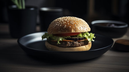 Hamburger on a black plate on a dark wooden background.の素材