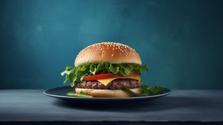 Cheeseburger on a blue background with space for text.の素材