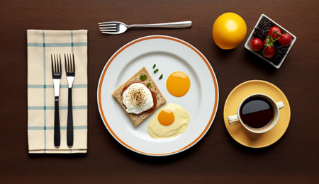 Top view of breakfast with toast, egg and coffee on wooden tableの素材