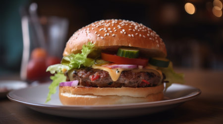 Closeup of hamburger on wooden table with blurred background, shallow depth of fieldの素材