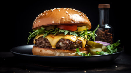 Cheese burger - American cheese burger with fresh salad on black backgroundの素材