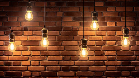 Vintage light bulbs on brick wall background. Idea and inspiration concept.の素材