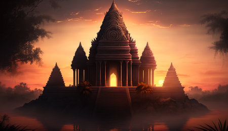 Mystical Temple in the mist at sunset, 3d renderの素材