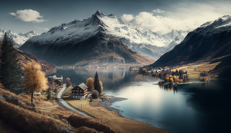 Beautiful autumn alpine landscape with lake and village in the mountains.の素材