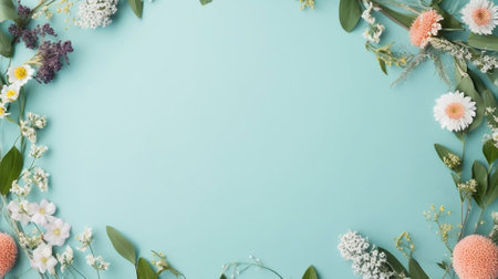 Flowers composition. Frame made of flowers on pastel blue background. Flat lay, top view, copy spaceの素材