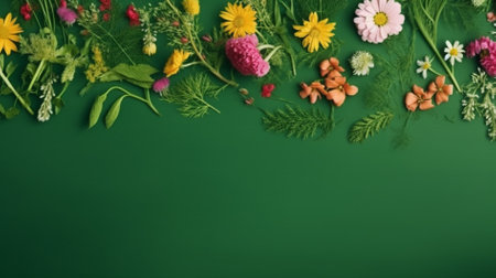 Top view of wild flowers and nuts on green background with copy spaceの素材