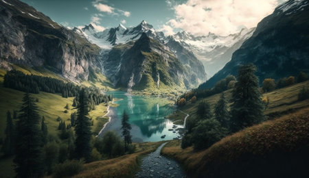 Panoramic view of the mountain lake in the Swiss Alps.の素材