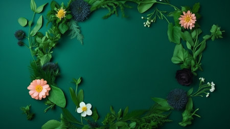 Flower frame on green background. Flat lay, top view, copy spaceの素材
