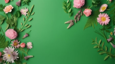 Flowers and leaves on green background. Flat lay, top viewの素材