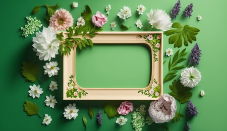 Frame with spring flowers on green background. Flat lay, top viewの素材