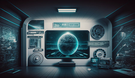 Spaceship interior with bright blue planet earth hologram 3D renderingの素材
