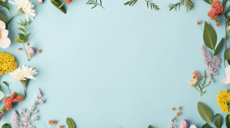 Flowers composition. Frame made of flowers on pastel blue background. Flat lay, top view, copy spaceの素材