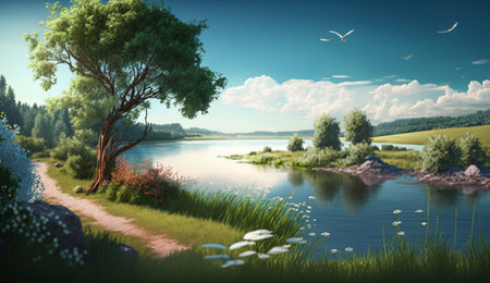 Beautiful summer landscape with lake and trees. 3d rendering.の素材
