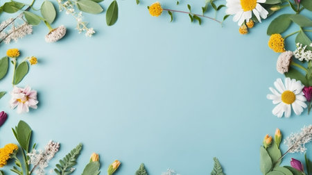 Flowers composition. Frame made of flowers on blue background. Flat lay, top view, copy spaceの素材