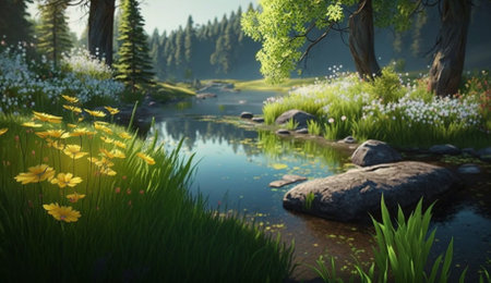 Beautiful summer landscape with river, forest and flowers. 3d renderingの素材