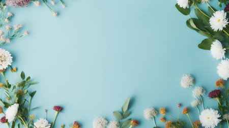 Flowers composition on blue background. Flat lay, top view, copy spaceの素材