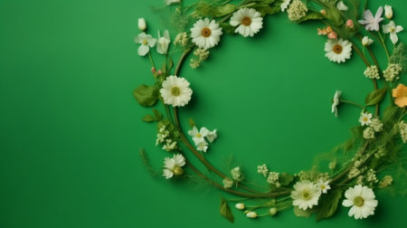 Wreath of spring flowers on a green background. Green background.の素材