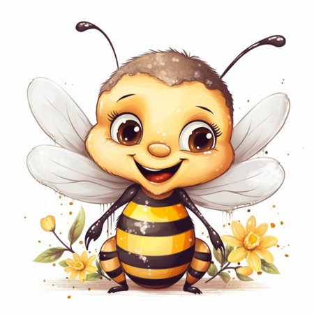 Cute cartoon bee with flowers. Vector illustration isolated on white background.の素材