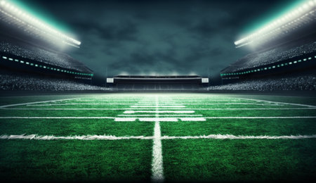 Digitally generated image of empty stadium with green grass and lightsの素材