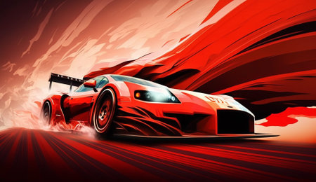 Sport car racing on the red background. 3d render illustration.の素材