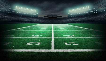 3d render of american football stadium with green field and lightsの素材