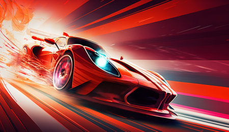 3D illustration of a red sports car with motion blur background.の素材
