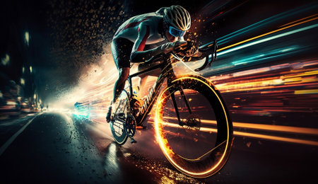 Cyclist riding a bicycle on the road with motion blur backgroundの素材
