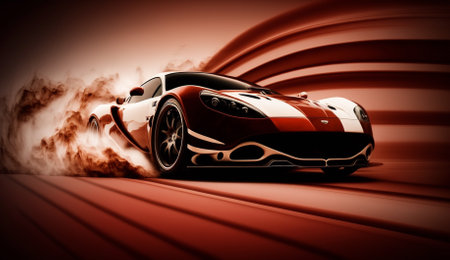 sports car with smoke on a red background. 3d illustration.の素材