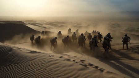 A group of soldiers in the Sahara desert, Morocco, Africa.の素材