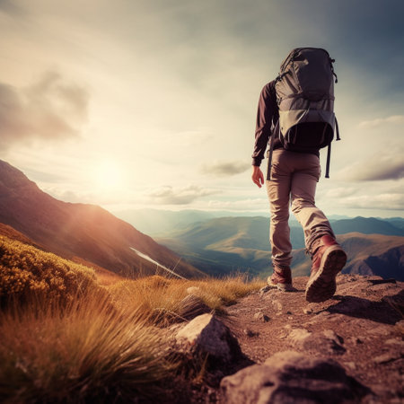 Hiker with backpack standing on top of a mountain and enjoying the viewの素材