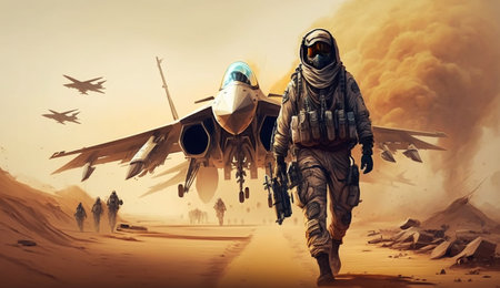 Man in space suit and aviator helmet running away from an airplaneの素材