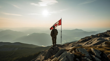 Silhouette of a man with Turkish flag on top of the mountainの素材