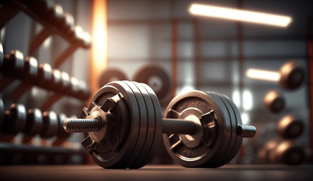 3d rendering of dumbbells in a gym. 3d illustration.の素材