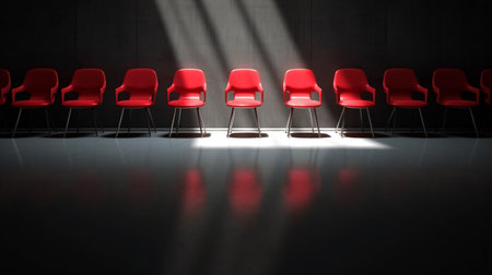 Red chairs in a row in a dark room. 3d renderingの素材