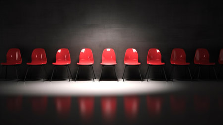 Row of red chairs in a dark room. 3D Renderingの素材